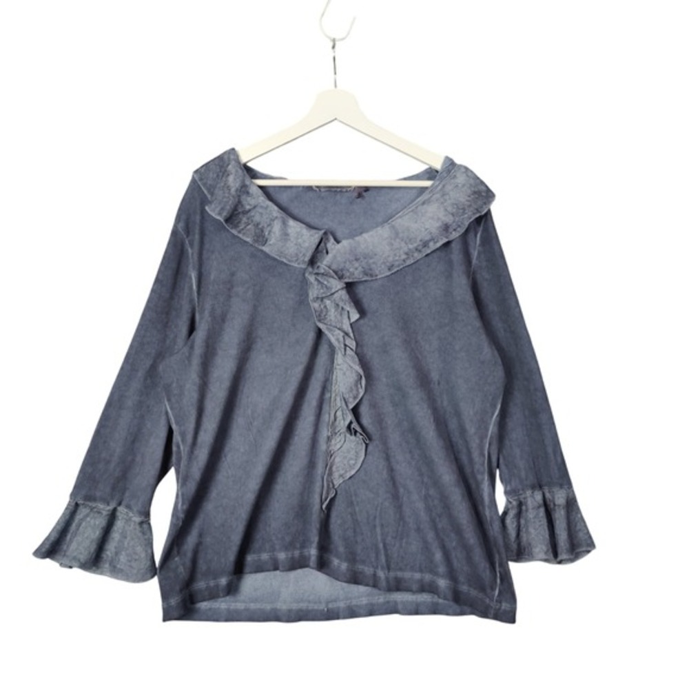 Soft Surroundings Womens Cottage Victorian Ruffle Top 2X Blue Gray Ribbed Knit